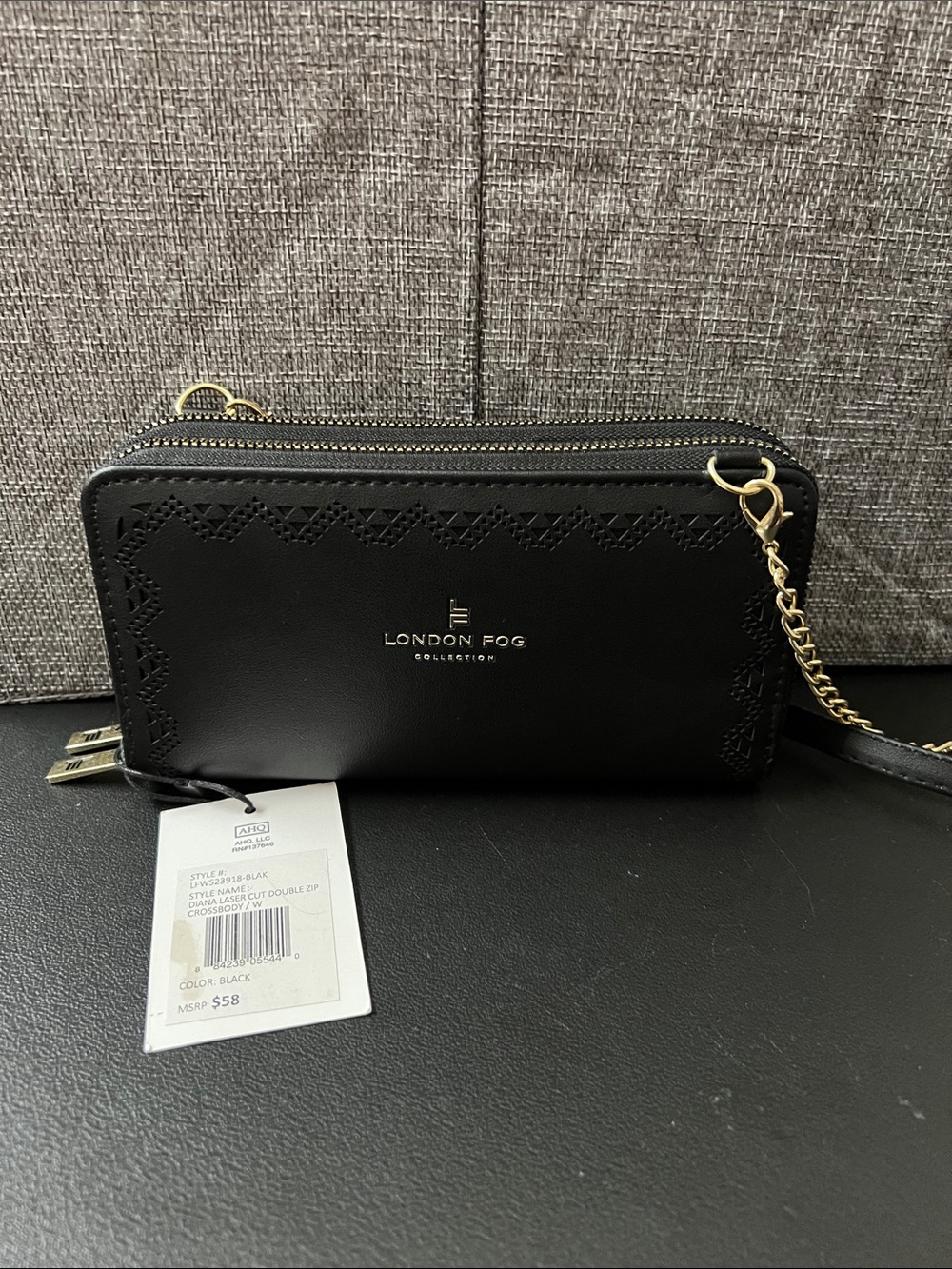 London Fog Black Wallet Crossbody with Gold Chain Accent